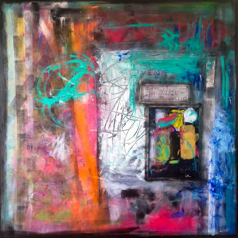 petit cinéma - peinture acrylique et collage sur toile - 100 cm x 100 cm petit cinéma - peinture acrylique et collage sur toile - 100 cm x 100 cm