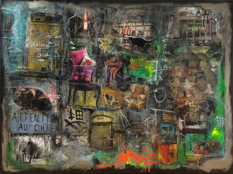 attention au chien - peinture acrylique et collage sur toile - 80 cm x 60 cm attention au chien - peinture acrylique et collage sur toile - 80 cm x 60 cm