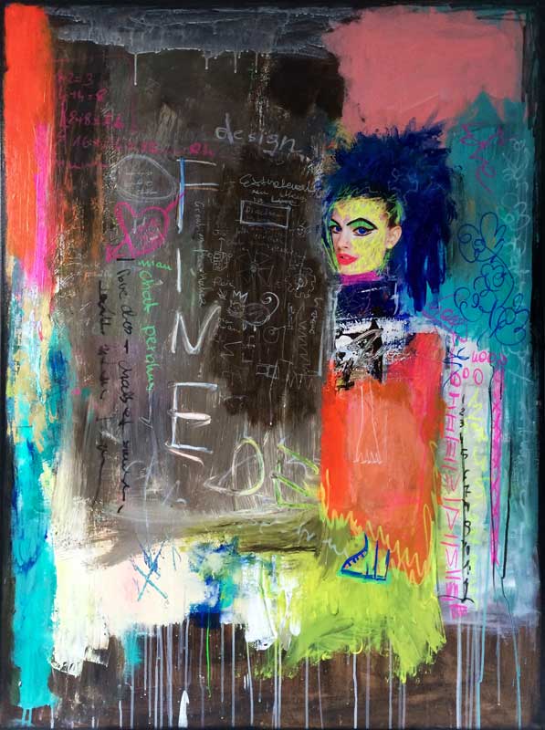 Zika la martienne - peinture acrylique et collage sur toile - 97 cm x 130 cm Zika la martienne - peinture acrylique et collage sur toile - 97 cm x 130 cm